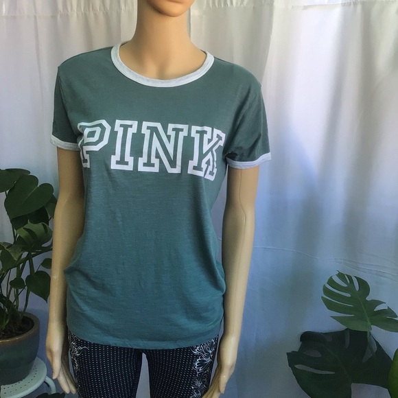 Pink short sleeve logo grayish green top size small - Picture 2 of 6